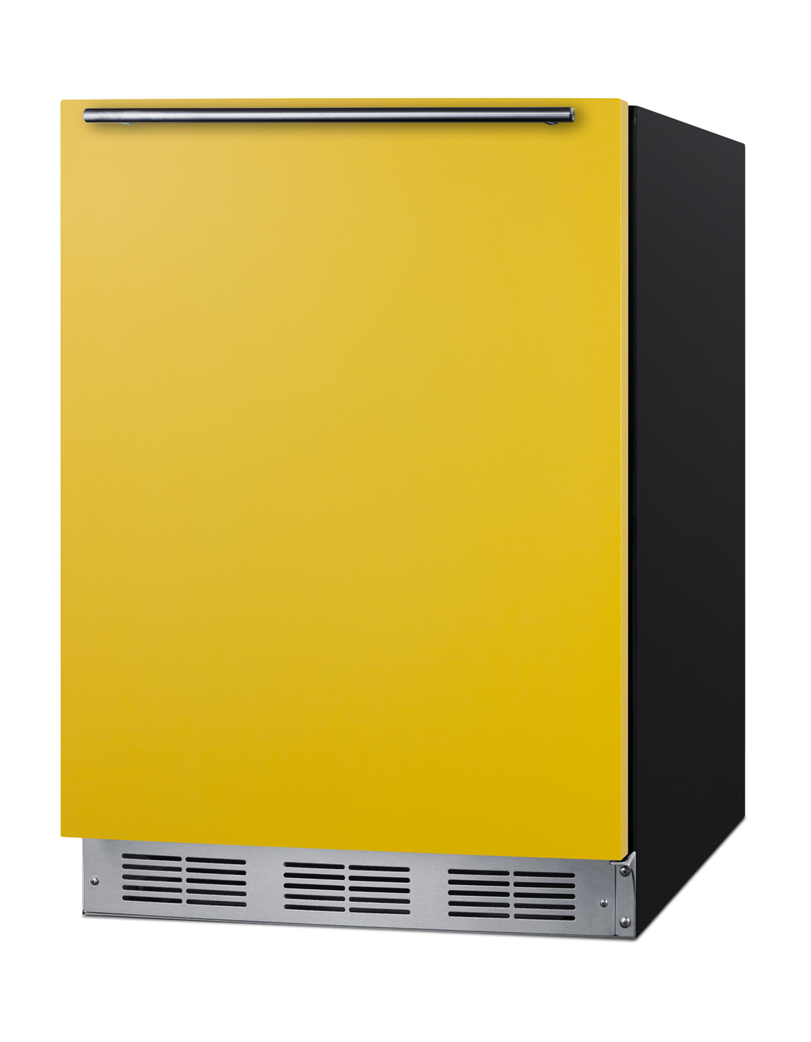 24 in. wide ADA height all-refrigerator for residential use, auto defrost with a saffron gold door, stainless steel handle, and black cabinet